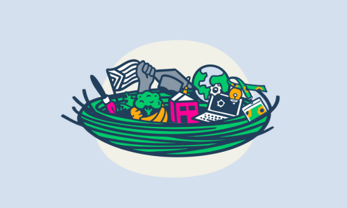 Illustration of a nest with icons of different charitable purposes in
