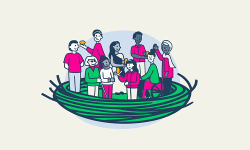 An illustration of a nest, filled with diverse characters that represent the SCN community