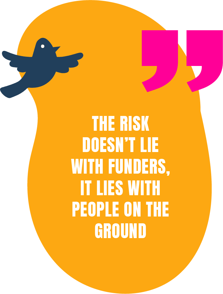A yellow bubble highlighting a quote from Melissa: The risk doesn't lie with funders. It lies with people on theround g