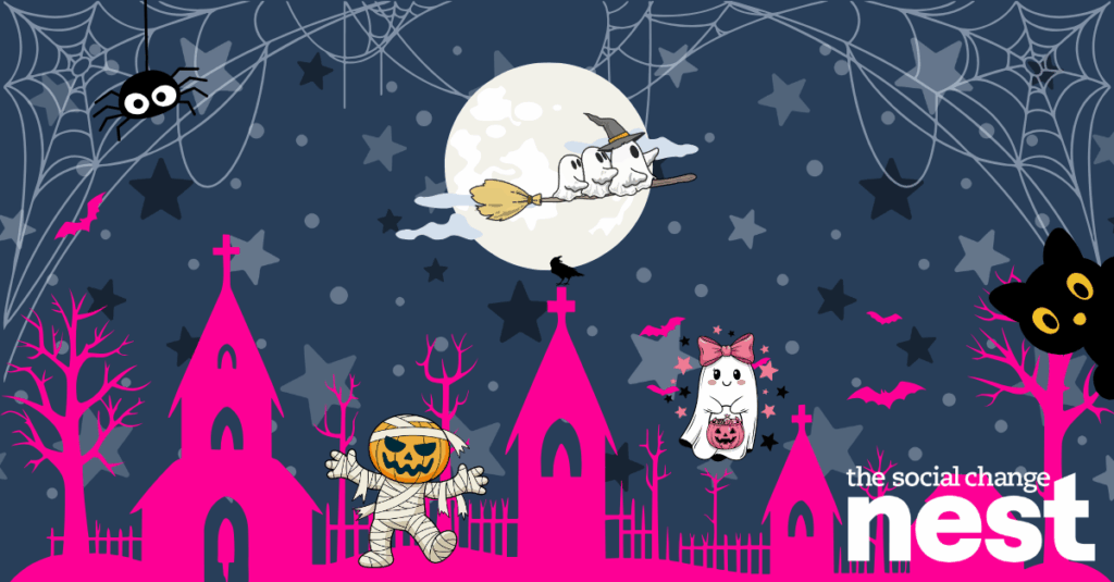 A halloween scene of a graveyard with zombies and ghosts is pictured in SCN brand colours