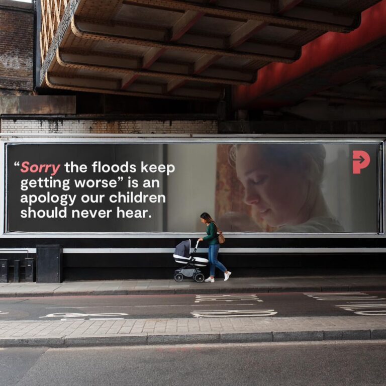 A billboard from the same 'sorry' campaign, that reads '"Sorry the floods keep getting worse", is an apology our children should never hear.'