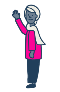 An illustrated character with a raised hand