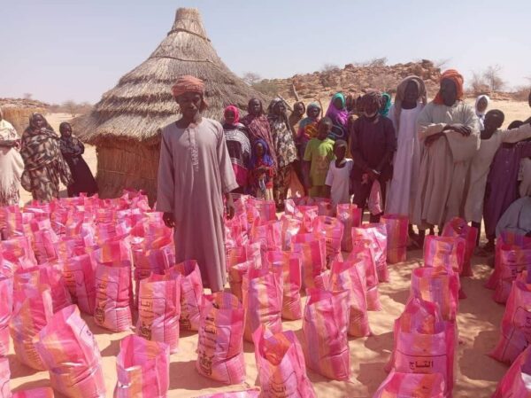A sea of pink bags full of needed supplies that have been put together for a community by Sudan ERRs